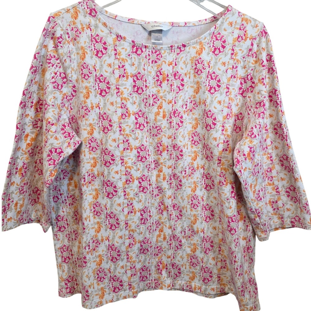 CJ Banks Womens Plus Size‎ X Top Pink Orange Floral Medallion 3/4 Sleeve Coastal